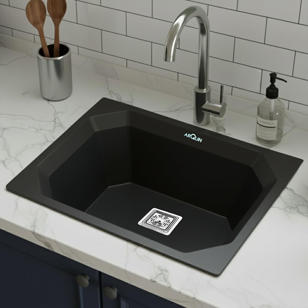 Quartz Single Bowl Diamond Kitchen Sink (24 x 18 x 9 Inches) Black