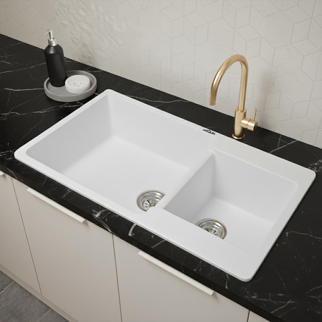 34X20X9 Inch White Quartz Double Bowl  Kitchen Sink