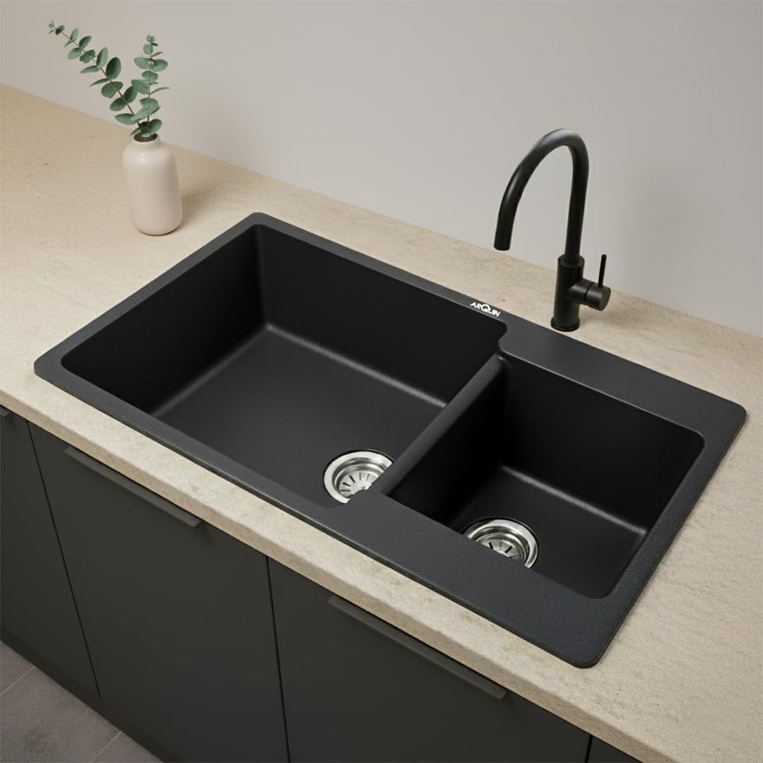 34x20x9 Inch Black Quartz Double Bowl Kitchen Sink