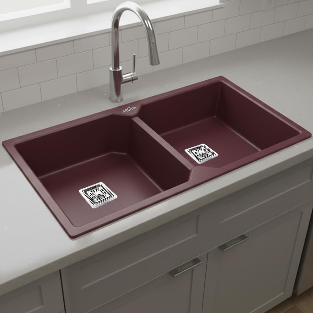 37x18x9 Inch Brown Quartz Double Bowl Kitchen Sink