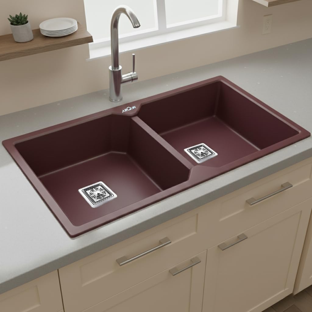 Quartz Double Bowl Kitchen Sink Brown 45x20x10 Inch