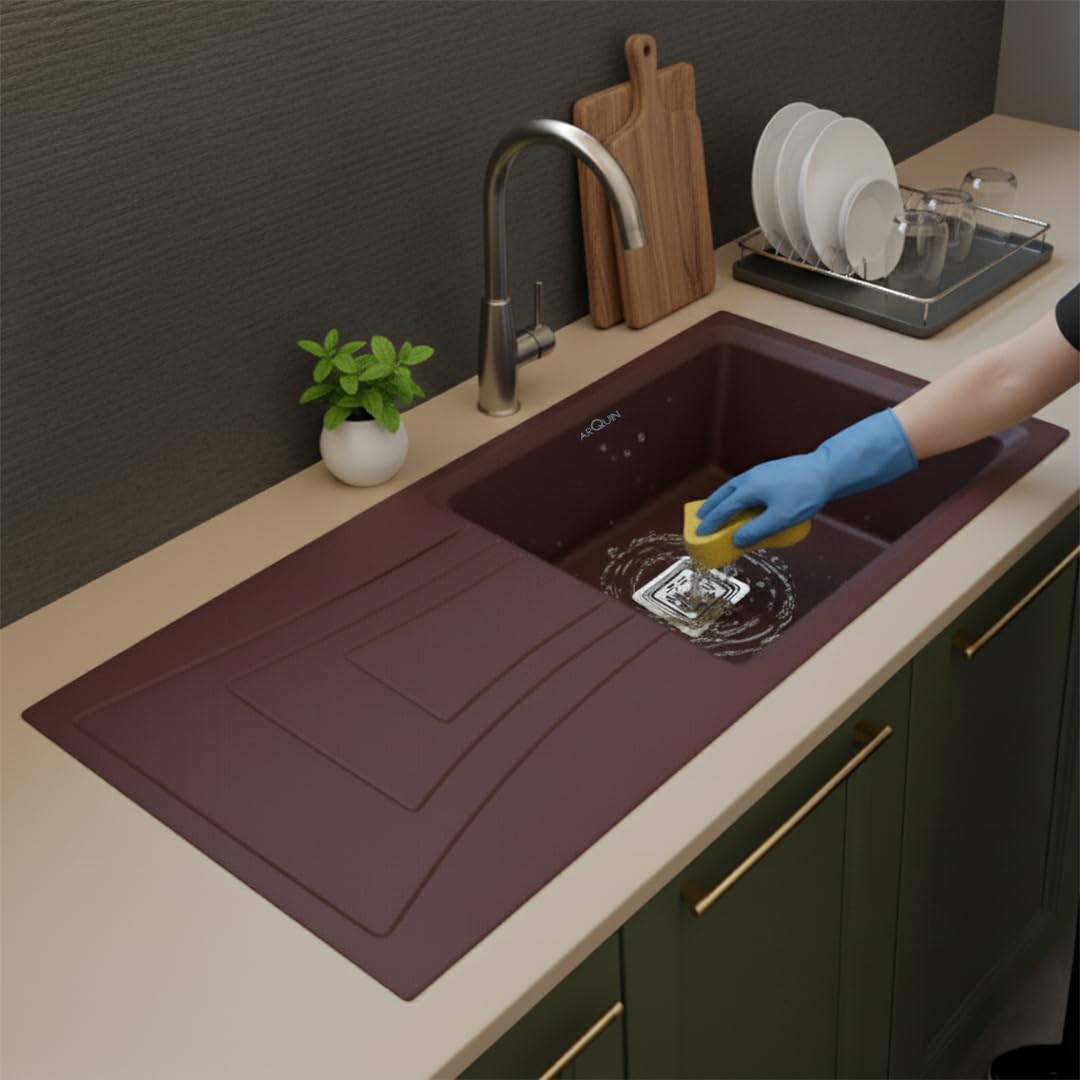 36x18x9 Inch Brown Quartz Single Bowl With Drain Board Kitchen Sink