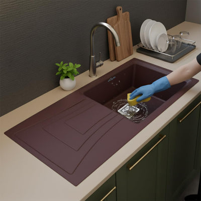 36x18x9 Inch Brown Quartz Single Bowl With Drain Board Kitchen Sink
