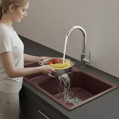 Quartz Double Bowl Kitchen Sink Brown 45x20x10 Inch