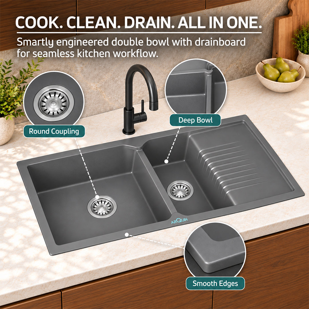 45x20x9 Inch Grey Quartz Double Bowl with Drain Board Kitchen Sink