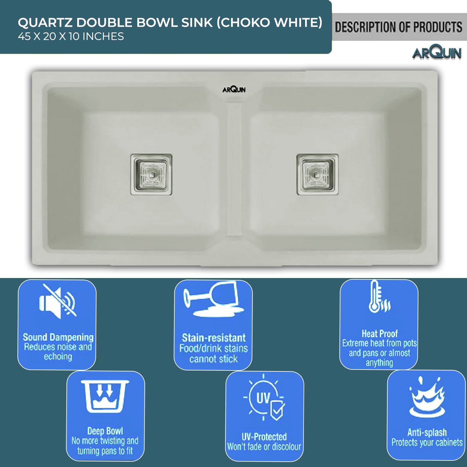 37x18x9 Inch Choco White Quartz Double Bowl Kitchen Sink