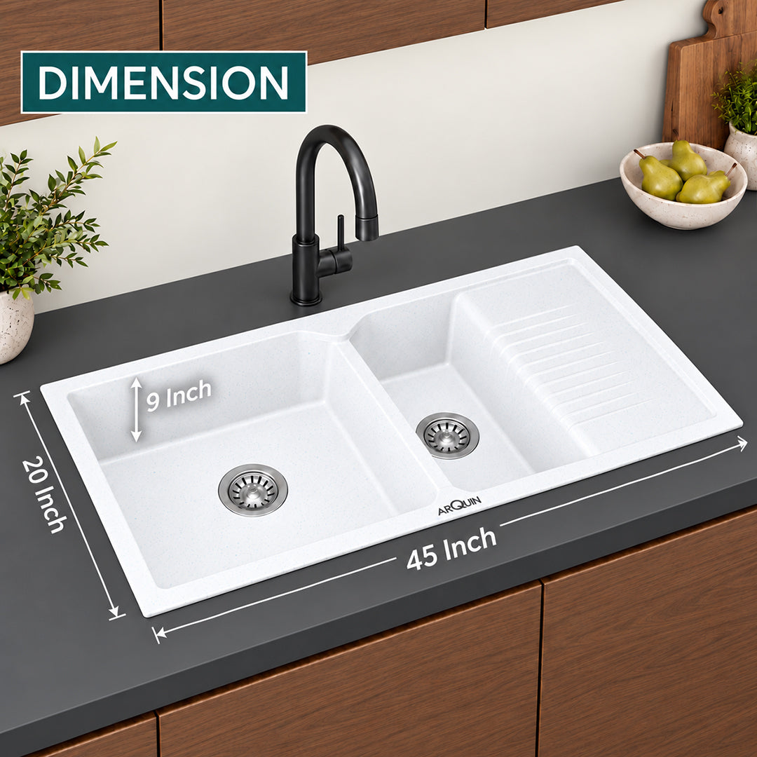 45x20x9 Inch Sand Pluto Quartz Sink Double Bowl with Drain Board  Kitchen Sink