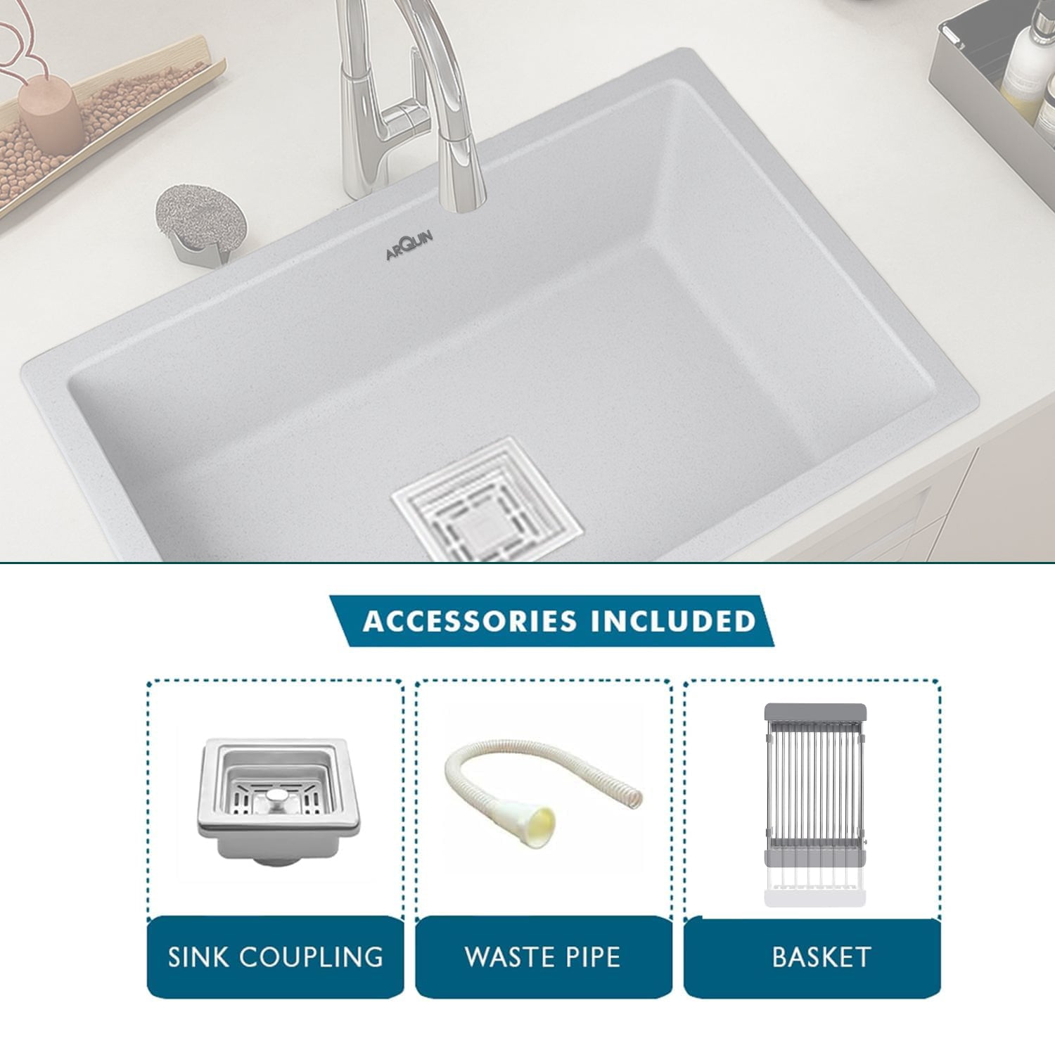 24x18x9 Inch Grey Quartz Single Bowl Kitchen Sink
