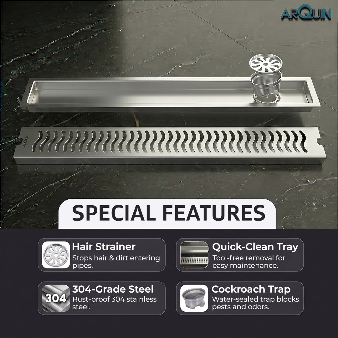 Shower Drain Channel SS 304 Grade with Cockroach Trap (12x4 Inch)