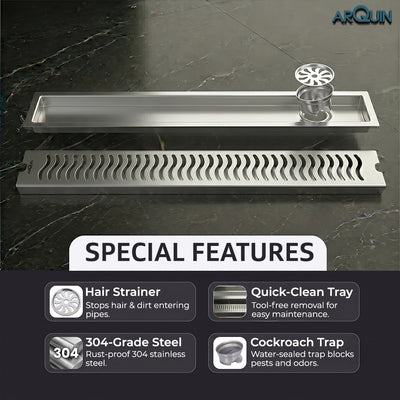 Shower Drain Channel SS 304 Grade with Cockroach Trap (12x4 Inch)