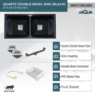 37x18x9 Inch Black Quartz Double Bowl Kitchen Sink
