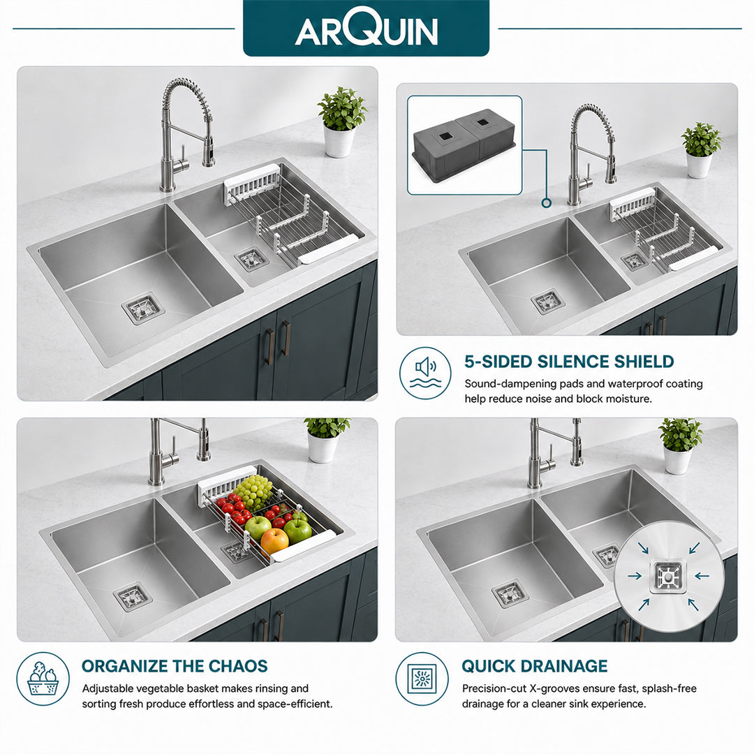37x18x10 Inch 304 Grade Handmade Double Bowl Kitchen Sink Stainless Steel