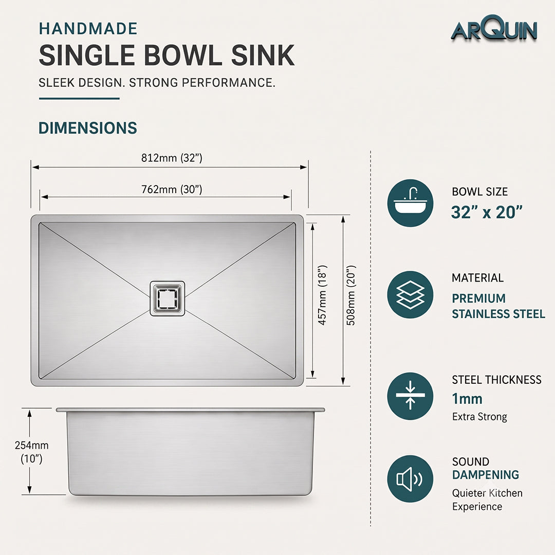 32x20x10 Inch Heavy Grade Handmade Single Bowl Kitchen Sink