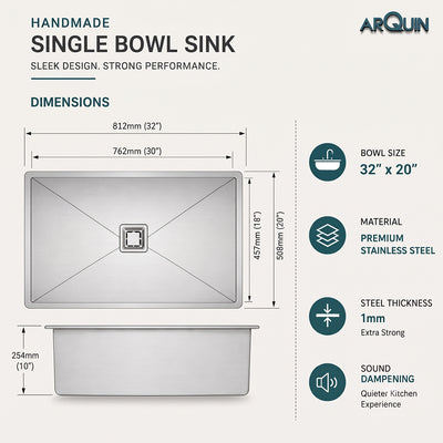 32x20x10 Inch Heavy Grade Handmade Single Bowl Kitchen Sink