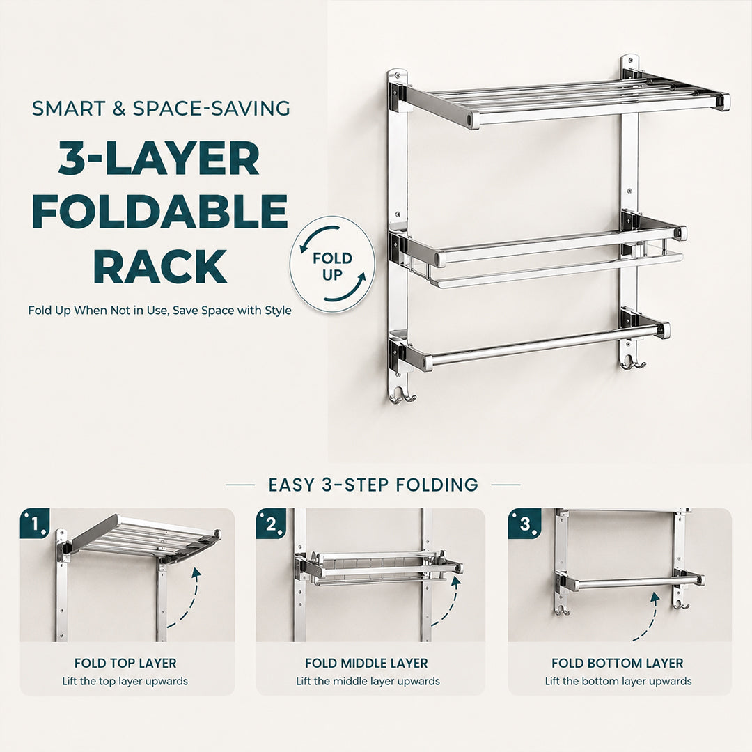 3 Layer Bathroom Folding Shelf Stainless Steel Chrome Finish - 16 Inch (B13)