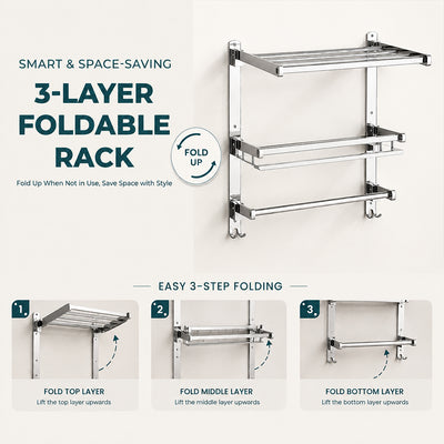 3 Layer Bathroom Folding Shelf Stainless Steel Chrome Finish - 16 Inch (B13)