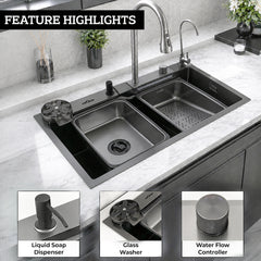 Waterfall Smart Kitchen Sink (30 x 18 x 9 Inches) | Stainless Steel Sink