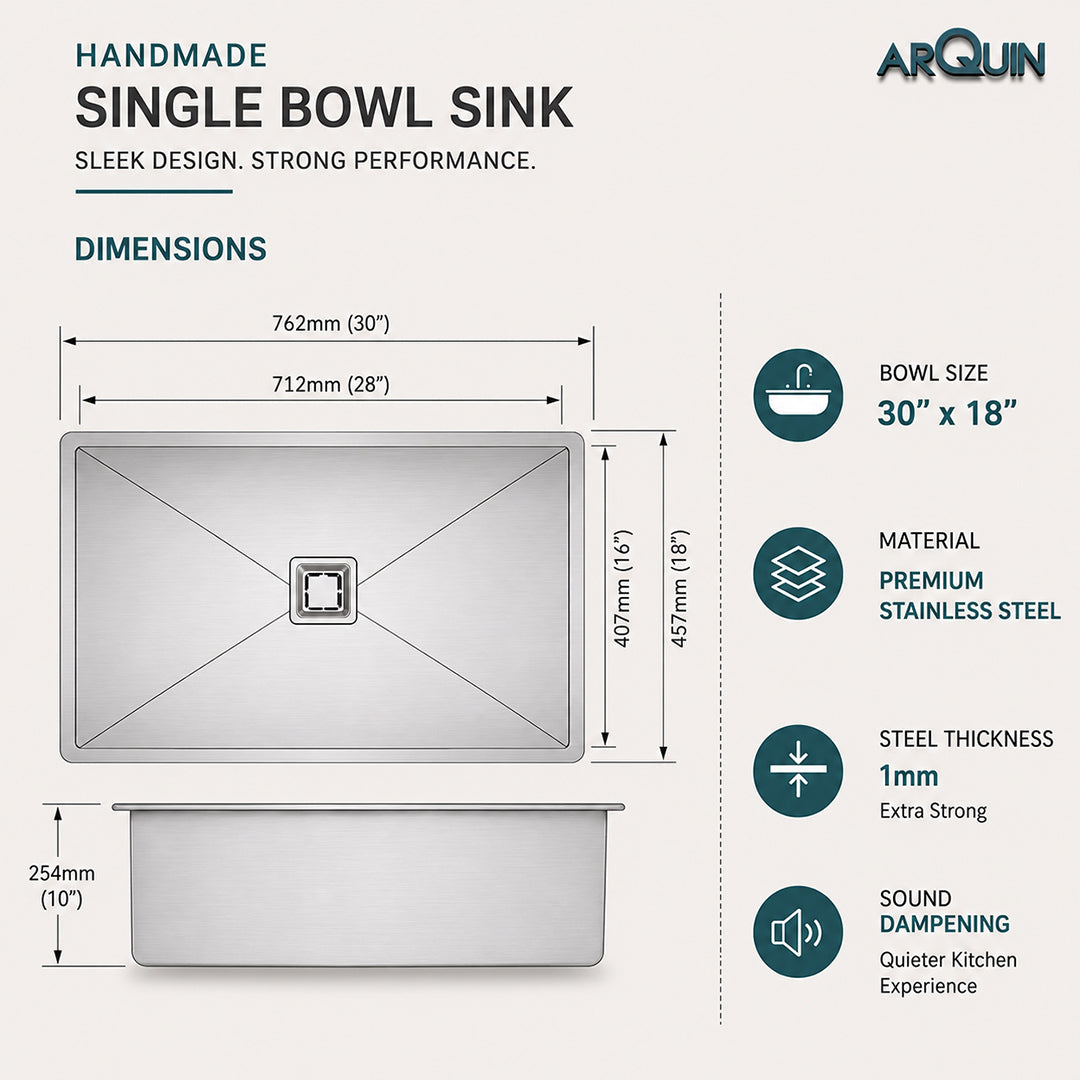 30x18x10 Inch 304 Grade Handmade Single Bowl Kitchen Sink Stainless Steel