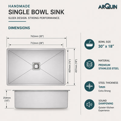 30x18x10 Inch 304 Grade Handmade Single Bowl Kitchen Sink Stainless Steel