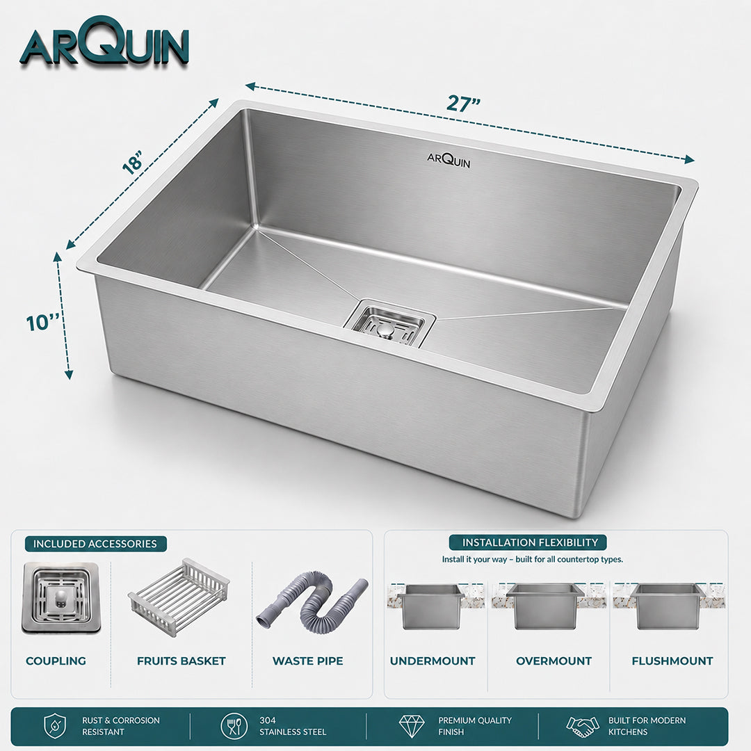27x18x10 Inch 304 Grade Handmade Single Bowl Kitchen Sink Stainless Steel