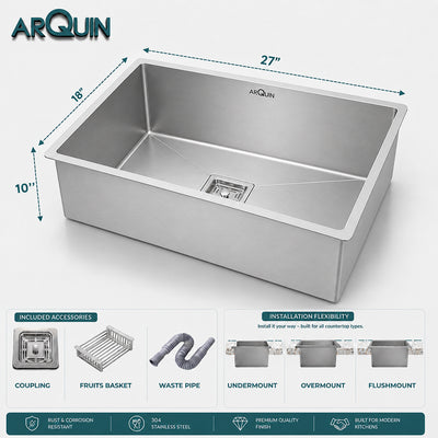 27x18x10 Inch 304 Grade Handmade Single Bowl Kitchen Sink Stainless Steel