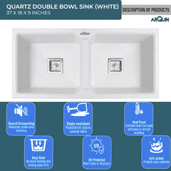 Quartz Double Bowl Kitchen Sink (37 x 18 x 9 Inches) ( White)