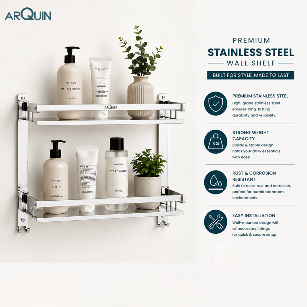 2 Layer Bathroom Folding Shelf Stainless Steel Chrome Finish - 16 Inch (B12)