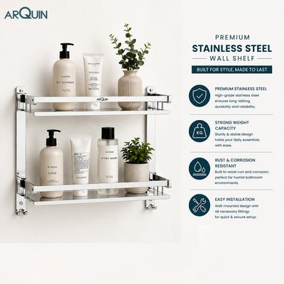 2 Layer Bathroom Folding Shelf Stainless Steel Chrome Finish - 16 Inch (B12)
