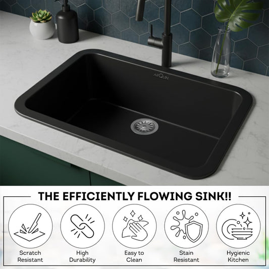Quartz Single Bowl Round Kitchen Sink (24 x 18 x 9 Inches) | Black