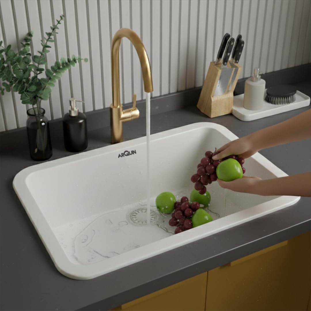 24x18x9 Inch White Quartz Single Bowl Round Kitchen Sink