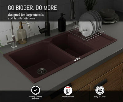 45x20x10 Inch Brown Quartz Double Bowl with Drain Board  Kitchen Sink