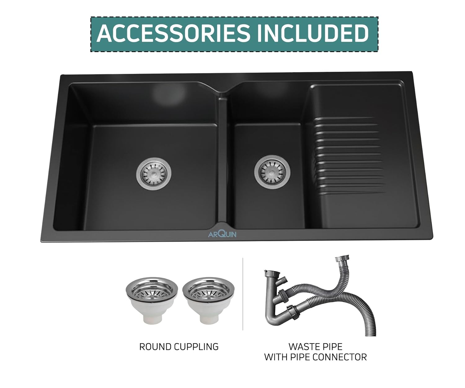 45x20x10 Inch Black Quartz Double Bowl with Drain Board Kitchen Sink