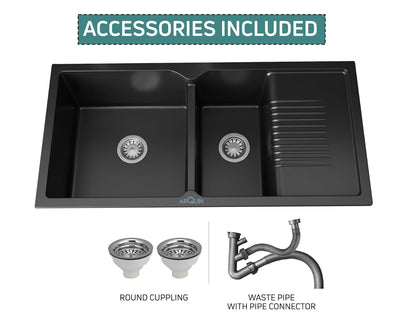 45x20x10 Inch Black Quartz Double Bowl with Drain Board Kitchen Sink