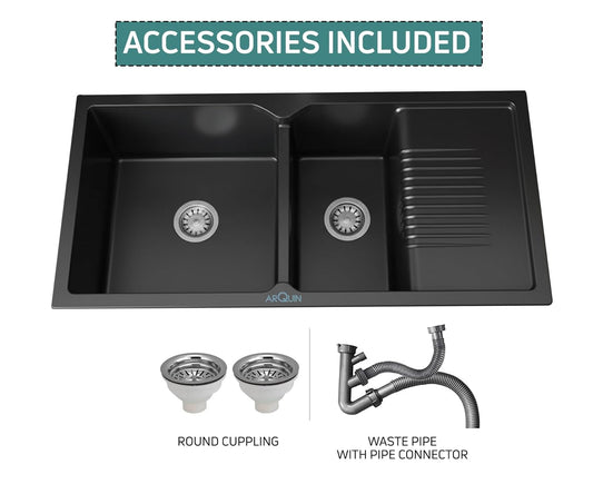 Quartz Kitchen Sink Double Bowl with Drain Board 45x20x10 Inch Black