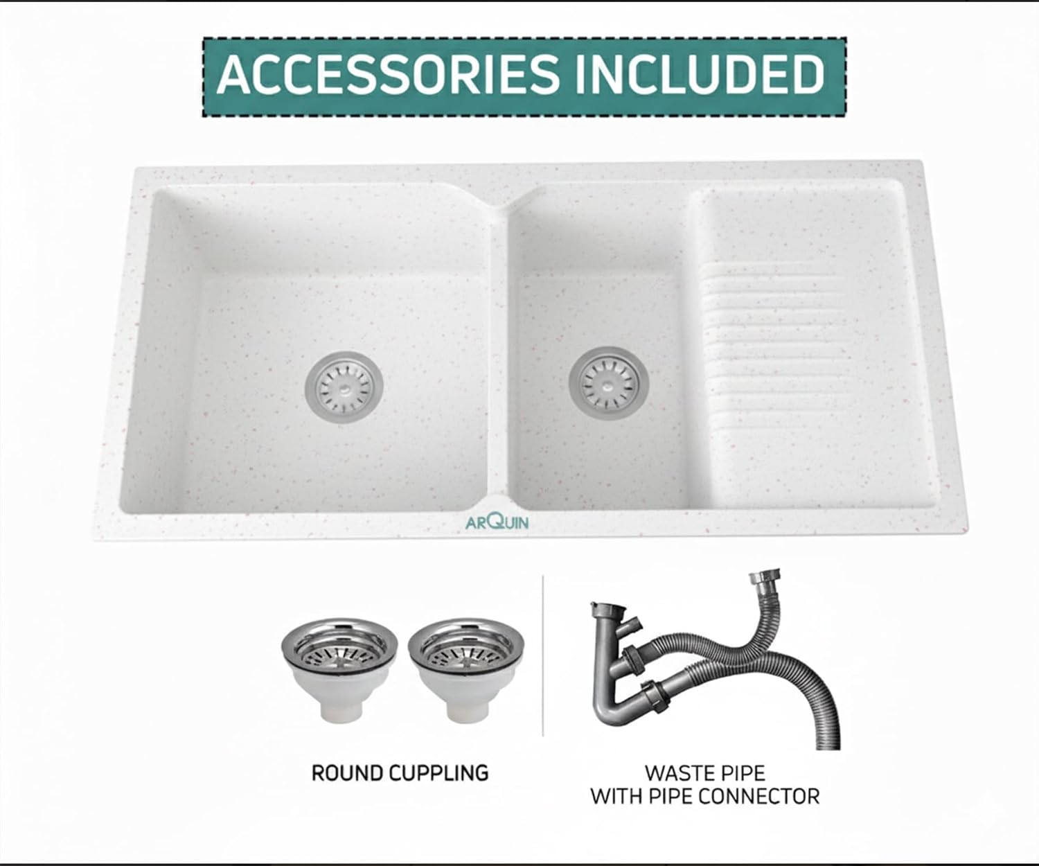 45x20x10 Inch Rosa Quartz Double Bowl with Drain Board Kitchen Sink