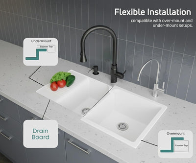 45x20x10 Inch White Quartz Double Bowl with Drain Board  Kitchen Sink