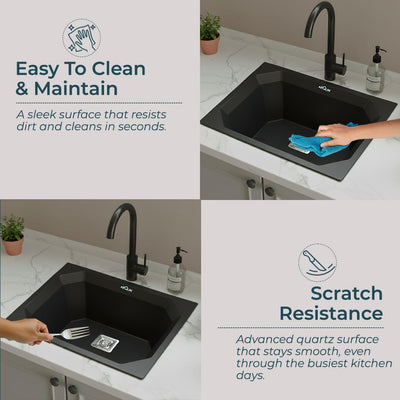 24x18x9 Inch Black Quartz Single Bowl Diamond Kitchen Sink