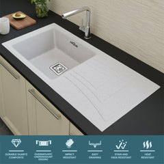 Quartz Kitchen Sink 36x x18x9 Inches Rosa Single Bowl With Drain Board