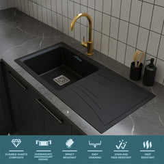 Quartz Kitchen Sink 36 x 18 x 9 Inches Black Single Bowl With Drain Board