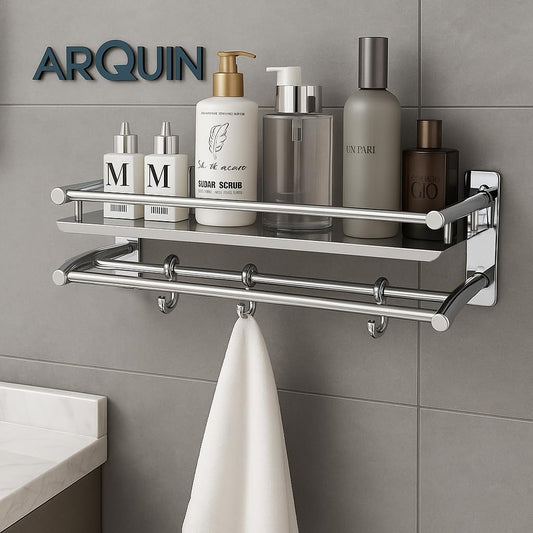 ARQUIN Stainless Steel 2 Layer Shelf Multipurpose Organizer for Bathroom with Double Towel and Loofa Holder Bathroom Accessories (2 Layer Shelf)