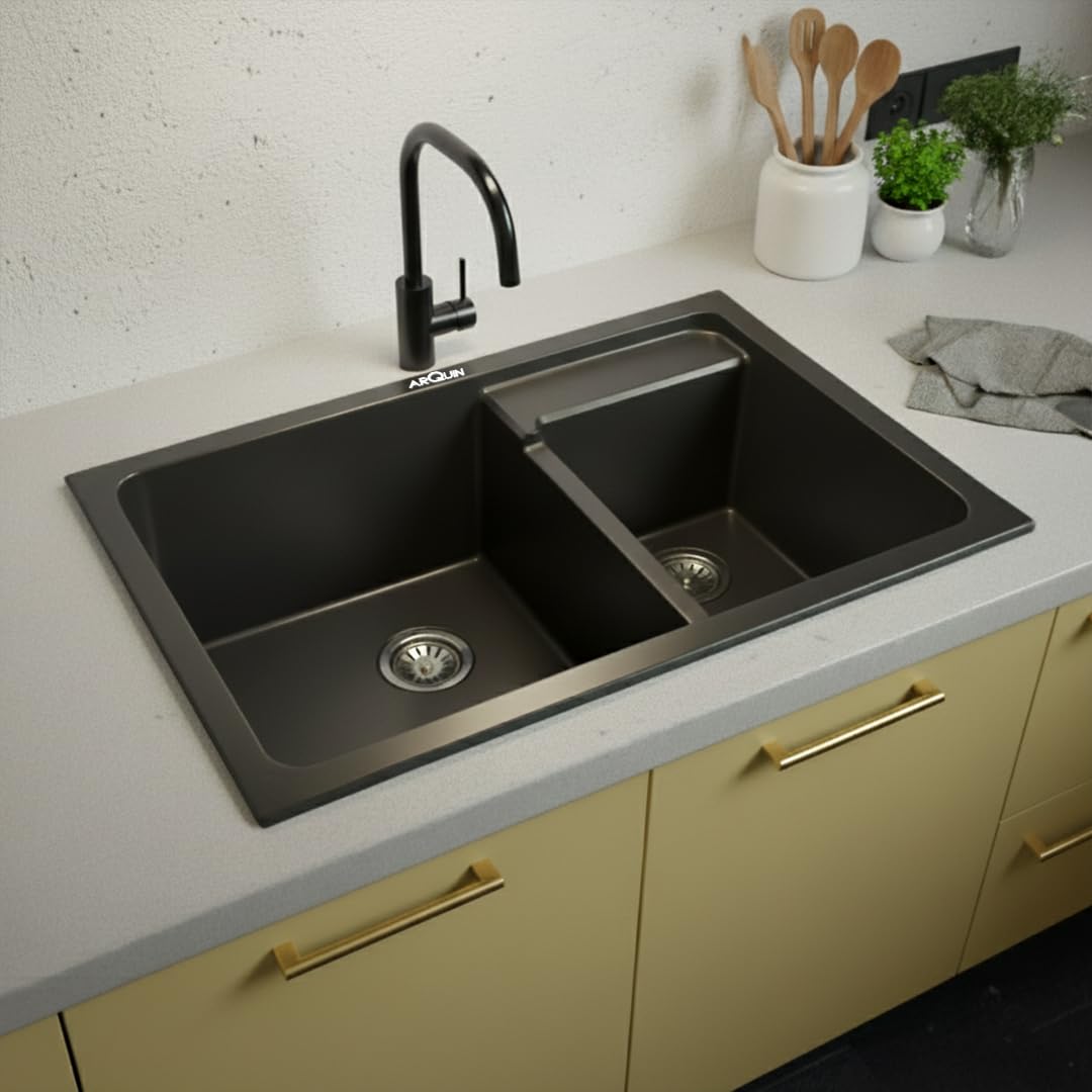 31X18X9 Inch Black Quartz Double Bowl Kitchen Sink