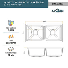 Quartz Double Bowl Kitchen Sink Rosa 37x18x9 Inch