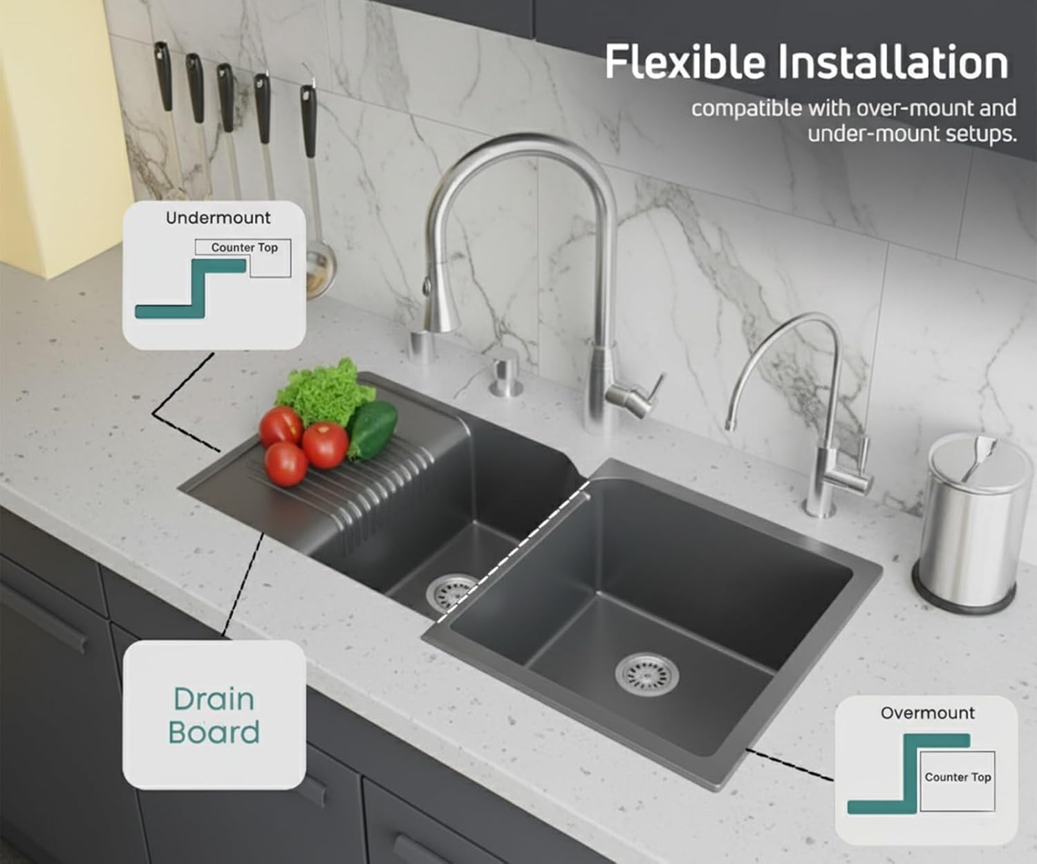 45x20x9 Inch Grey Quartz Double Bowl with Drain Board Kitchen Sink
