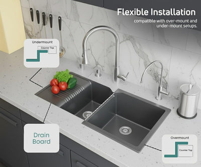 45x20x9 Inch Grey Quartz Double Bowl with Drain Board Kitchen Sink