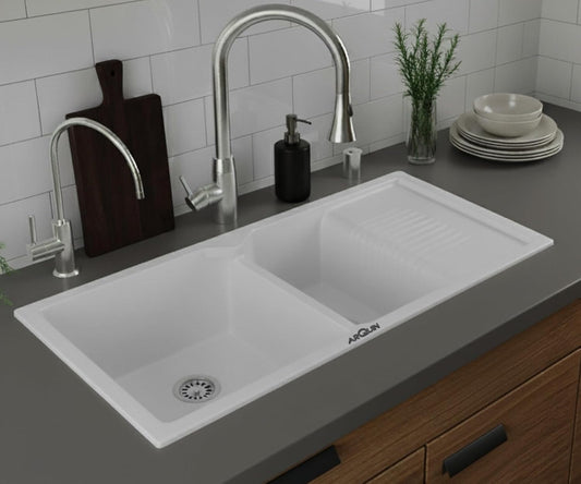 Quartz Kitchen Sink Double Bowl with Drain Board 45x20x10 Inch | White