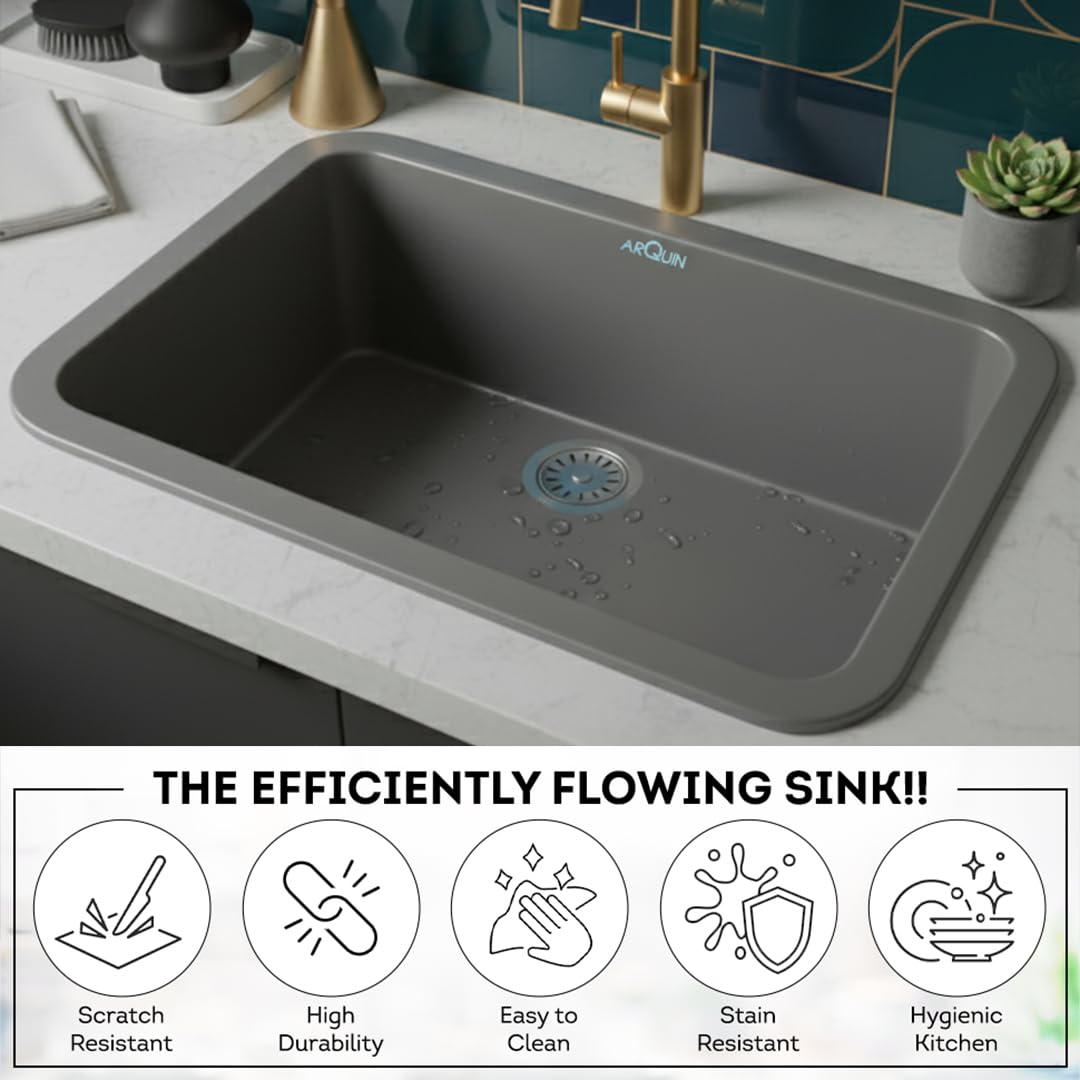 24x18x9 Inch Grey Quartz Single Bowl Round Kitchen Sink