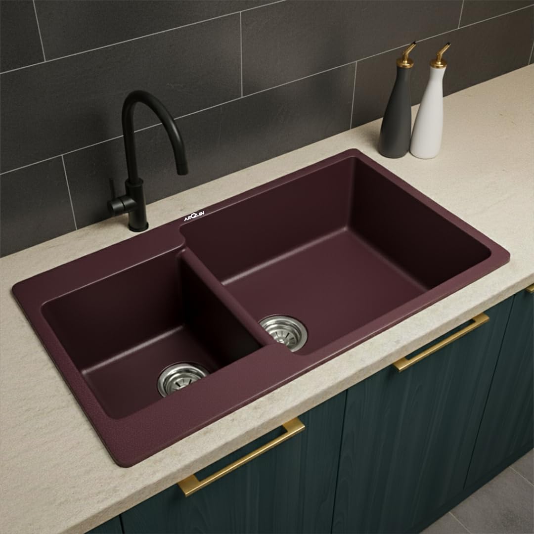 34X20X9 Inch Brown Quartz Double Bowl Kitchen Sink