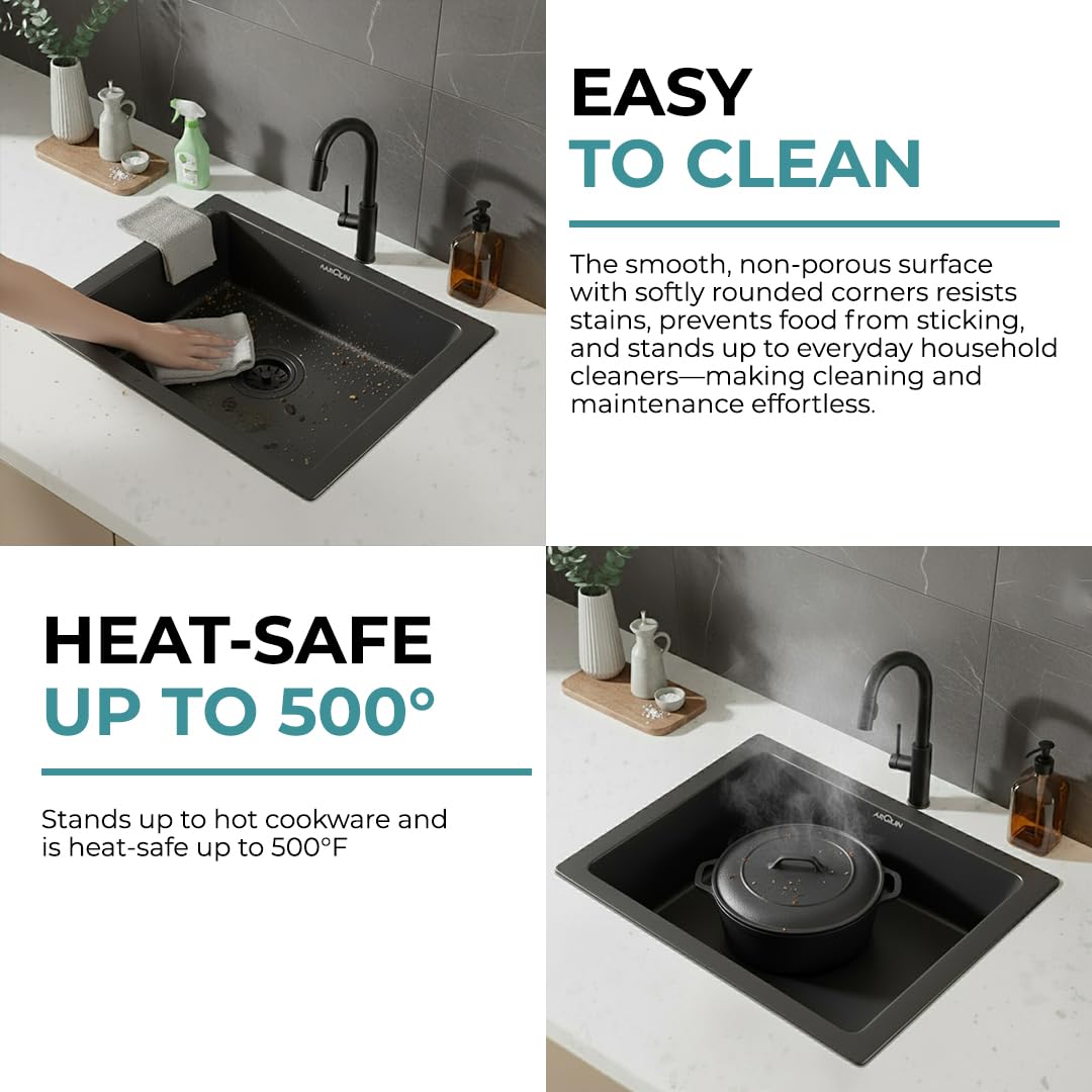 21x18x9 Inch Black Quartz Single Bowl Kitchen Sink