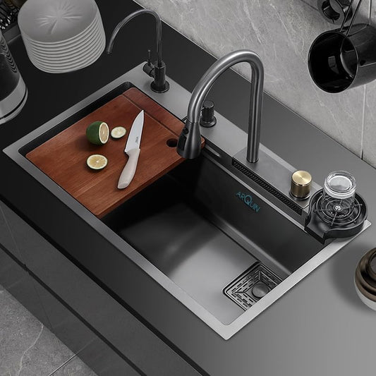 Waterfall Smart Kitchen Sink (30 x 18 x 9 Inches) | 304 Stainless Steel Sink
