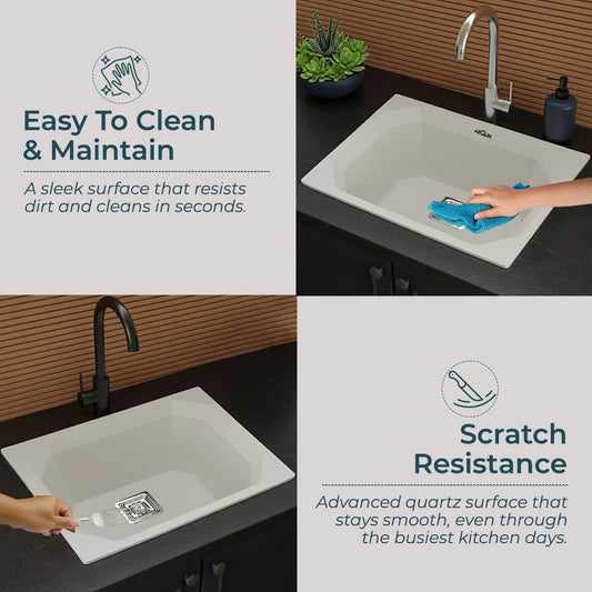 Quartz Single Bowl Diamond Kitchen Sink (24 x 18 x 9 Inches) Grey